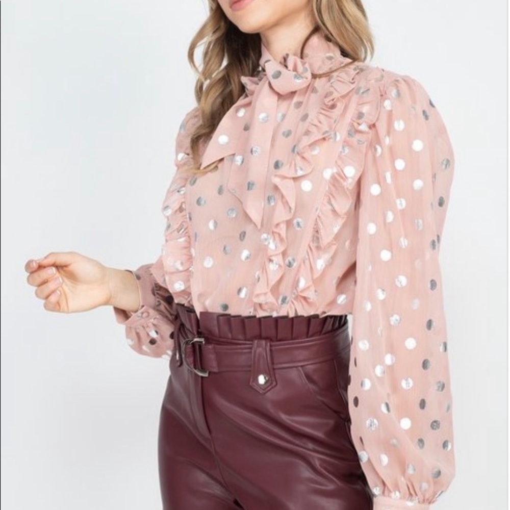 Mauve/Silver Sheer Long Sleeve Polka Dot Neck Tie Blouse - Picture 6 of 15